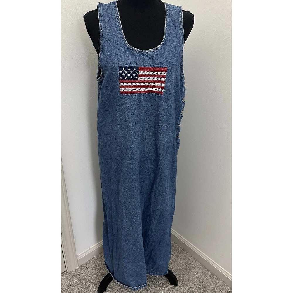 Vintage American Flag Embroidered Denim Maxi Jumper Dress Button Side Sz L